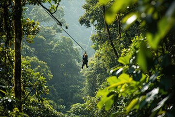 Man Ziplines Through The Rainforests Of Costa Rica - obrazy, fototapety, plakaty