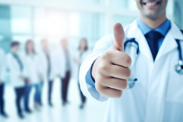 close up of happy laughing doctors team with gesture thumbs-up generative ai