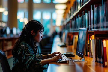 Student Uses Library Computer To Research For Term Paper - obrazy, fototapety, plakaty