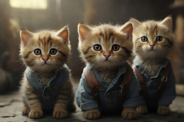 Three cute british shorthair kittens in jeans overalls.