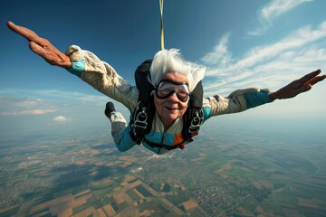 Fearless Elderly Woman Exhilaratingly Skydiving, Symbolizing Freedom