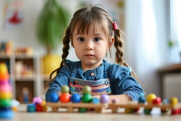 Captures Kindergarten Girl Engaging In Educational Play With Montessori Toys