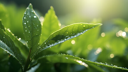 Naklejka premium Macro large dew or raindrops on a green leaf, close-up. in morning glow at sun day, PNG, 300 DPI