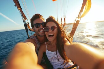 Capturing A Memorable Moment: Young Couple Takes A Selfie While Parasailing, Expertly Focusing On The Shot - obrazy, fototapety, plakaty
