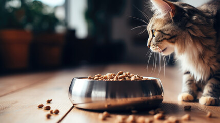 Furry friend enjoys nourishing kibble in the bowl.