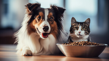 Cat and dog enjoy meal from shared bowl - obrazy, fototapety, plakaty