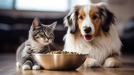 Rolgordijnen Cat, dog enjoy meal, bonded companionship © Valeriia
