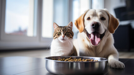 Cat, dog share bowl, loving care - obrazy, fototapety, plakaty