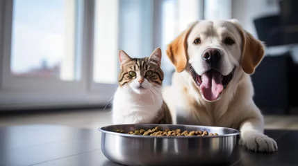 Fotobehang Cat, dog share bowl, loving care © Valeriia