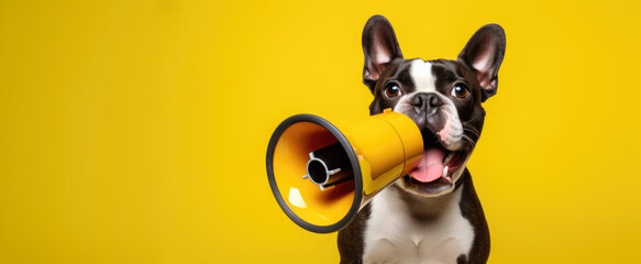 dog poses with megaphone on vivid yellow background. - obrazy, fototapety, plakaty