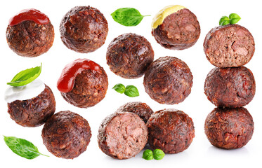 Fried vegan meatballs with ketchup, mustard, sour cream and basil. Collection with clipping path. - obrazy, fototapety, plakaty