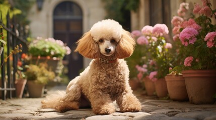 In a charming Parisian courtyard, a lively apricot poodle frolics amidst vibrant flower beds.