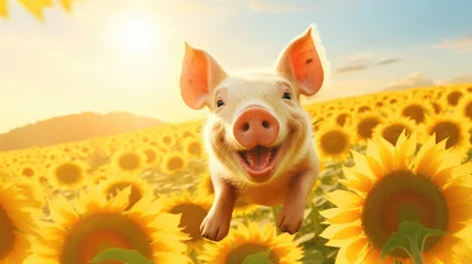 Tuinposter A cheerful pig frolicking in a vibrant sunflower field © MAY