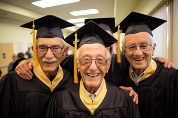 Three Joyful Senior Men in Graduation Caps Celebrating Education