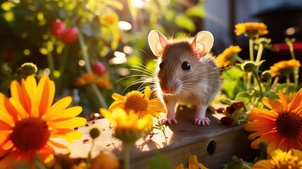A playful mouse nibbling on a sunflower seed in a sunlit garden