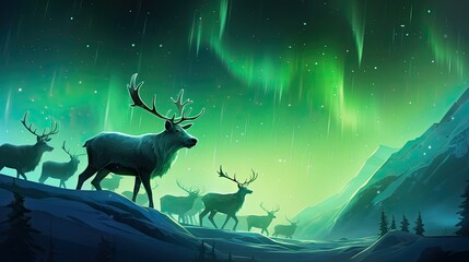 A reindeer herd on the move across the tundra under the ethereal glow of the Northern Lights