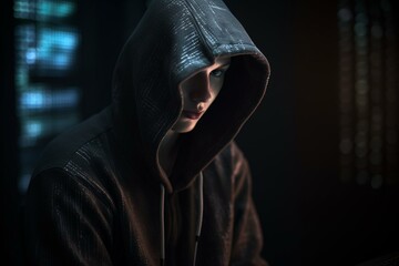 A programer  with hoody used computer..image generate with AI. Generative AI