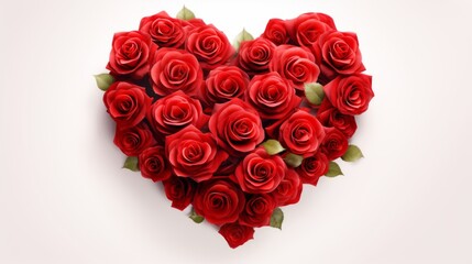 Red roses flowers folded in the shape of a heart. Bouquet of love on white background.