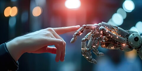 Compelling showcases intersection of technology and human connection symbolized through digital handshake. Futuristic concept portrays harmonious blend of artificial intelligence ai