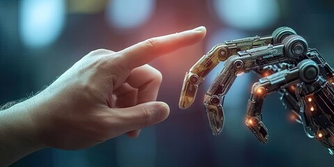 Compelling showcases intersection of technology and human connection symbolized through digital handshake. Futuristic concept portrays harmonious blend of artificial intelligence ai