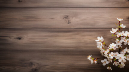 Delicate white spring blossoms adorn a dark wooden background, offering a contrast of color and texture.