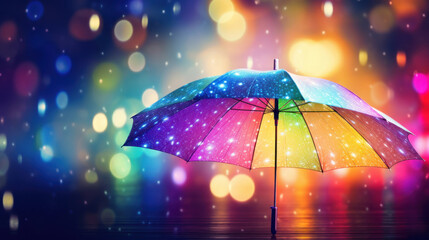 A vibrant umbrella stands out against a magical background of colorful bokeh lights.