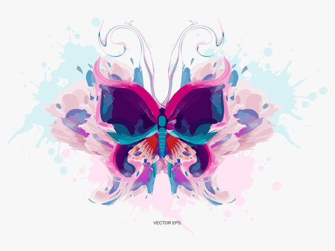 Colorful butterfly watercolor vector, splash, brush, grunge, isolated on white background. Blue, orange, green, purple and pink butterfly. Spring animal vector illustration
