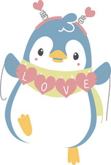 happy valentine's day with penguin holding heart, love concept, flat png transparent element character design