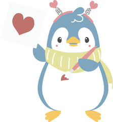 happy valentine's day with penguin drawing heart holding paintbrush, love concept, flat png transparent element character design