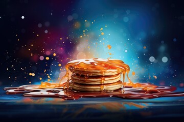 Pancakes with honey dripping on dark background. abstract background for February 13: Shrove Tuesday / Pancake Day - obrazy, fototapety, plakaty