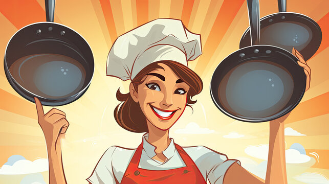 Illustration of a female chef with frying pans in her hands on a bright orange background.