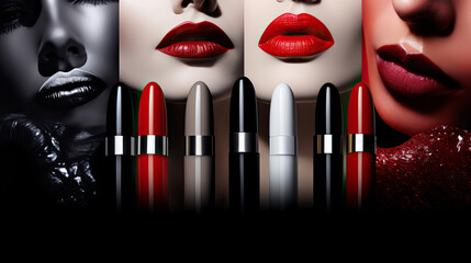 Set of different colors of lipsticks on women's bright lips background. Lipstick advertising banner mockup. - obrazy, fototapety, plakaty