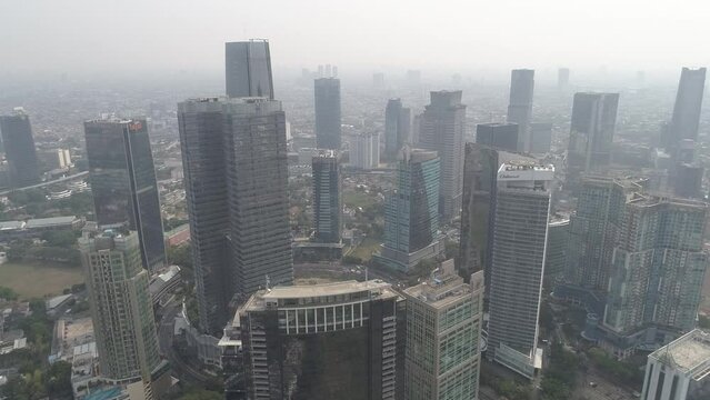 Skyscraper in Jakarta, Indonesia, Cityscape in Sudirman Aerial Drone Footage, Tower and Building in The City