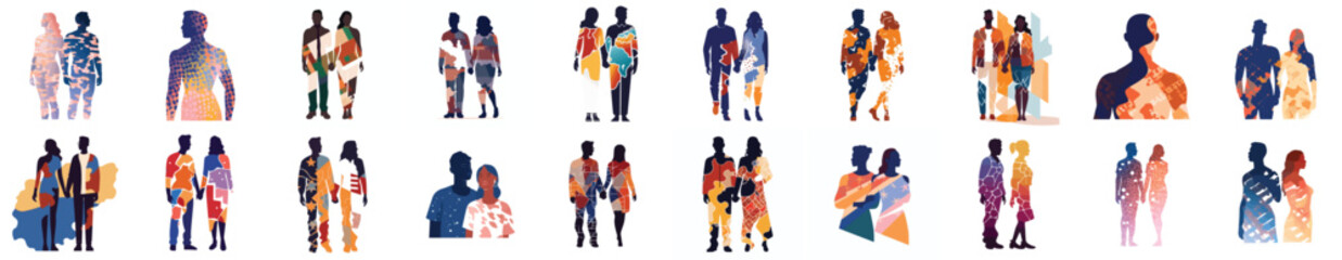 Set of Abstract couple silhouette with vitiligo of different nationalities standing together. Vector concept to support people living with vitiligo and to build awareness about chronic skin disorder. - obrazy, fototapety, plakaty