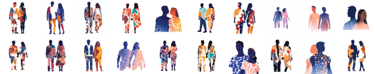 Set of Abstract couple silhouette with vitiligo of different nationalities standing together. Vector concept to support people living with vitiligo and to build awareness about chronic skin disorder.