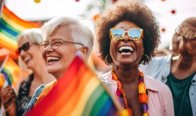 Older women joining the pride event, holding up flags in support of sexual diversity - obrazy, fototapety, plakaty