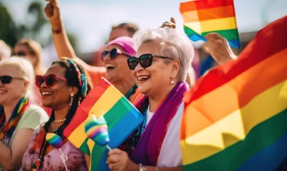 Fotobehang Mature women at the LGBTQ parade, showing solidarity with colorful pride flags © Jam