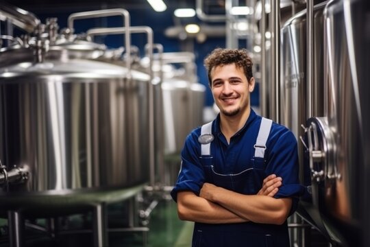 brewery, employee against the background of containers in which beer is prepared
​