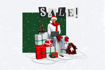 Creative collage image attractive smile young man sit big box search laptop online order sale...