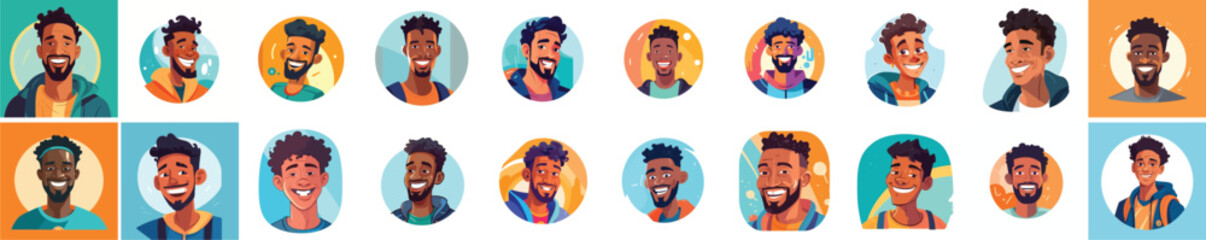 Set of a Portrait and avatar of male. Laughter and joy, smile and calmness. Diversity of personage, multiethnic society. Cartoon character, vector in flat style, flat color. 