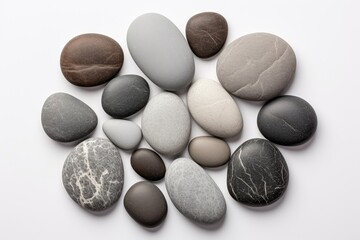 Sea Pebbles Isolated, Flat Round Stones, Gray Circle Rock Pieces, Sea Pebbles Pile on White Background