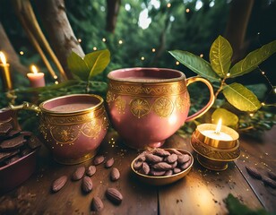 Cacao ceremony. Two pink ceramic ceremonial cocoa cups with golden ethnic ornaments on a hardwood table, surrounded with glowing candle lights and green plants. 
 - obrazy, fototapety, plakaty