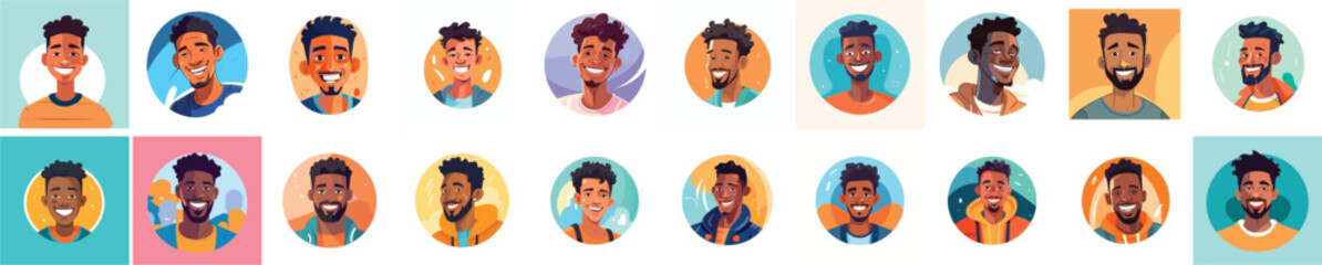 Set of a Portrait and avatar of male. Laughter and joy, smile and calmness. Diversity of personage, multiethnic society. Cartoon character, vector in flat style, flat color. 