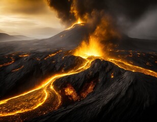 Dark dramatic volcanic mountains landscape with volcano eruption and flowing lava. 