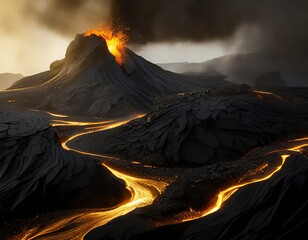 Dark dramatic landscape with volcano eruption and flowing lava.  - obrazy, fototapety, plakaty