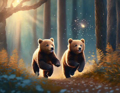 Two happy cute brown baby bear cubs running after fireflies the forest path.