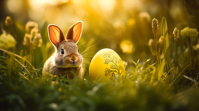 Niedlicher Osterhase versteckt ein buntes Ei auf gr&uuml;ner Fr&uuml;hlingswiese 