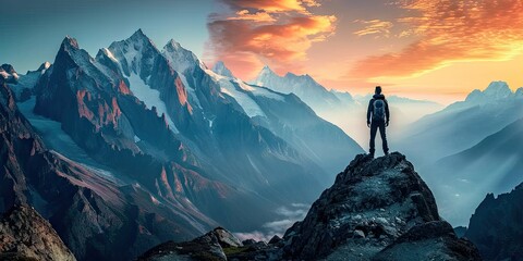 Adventure and exploration in heart of nature. Lone traveler adorned with backpack stands triumphantly on mountain peak gazing at breathtaking panoramic. Rugged terrain dusted with snow touch of winter - Powered by Adobe