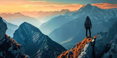 Adventure and exploration in heart of nature. Lone traveler adorned with backpack stands triumphantly on mountain peak gazing at breathtaking panoramic. Rugged terrain dusted with snow touch of winter - obrazy, fototapety, plakaty