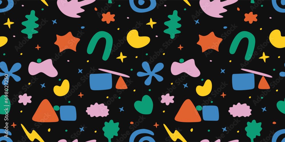 Poster seamless pattern with abstract trendy shapes. contemporary various shapes and doodle objects on blac